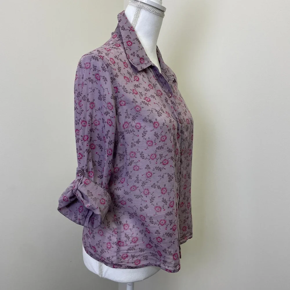 The Limited Purple Floral Cotton Button Down Shirt L Roll Tab Sleeve Hippie